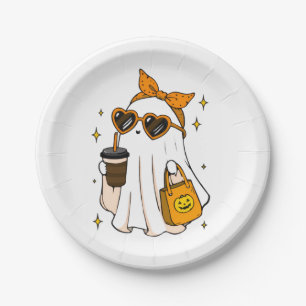 Cute Spooky Season Ghost with Iced Coffee & Heart  Paper Plate