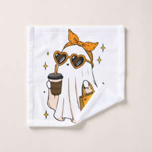 Cute Spooky Season Ghost with Iced Coffee & Heart Wash Cloth