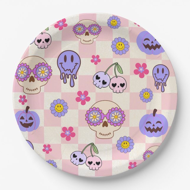 Cute Spooky Vibes Groovy Ghost Halloween  Paper Plate (Front)