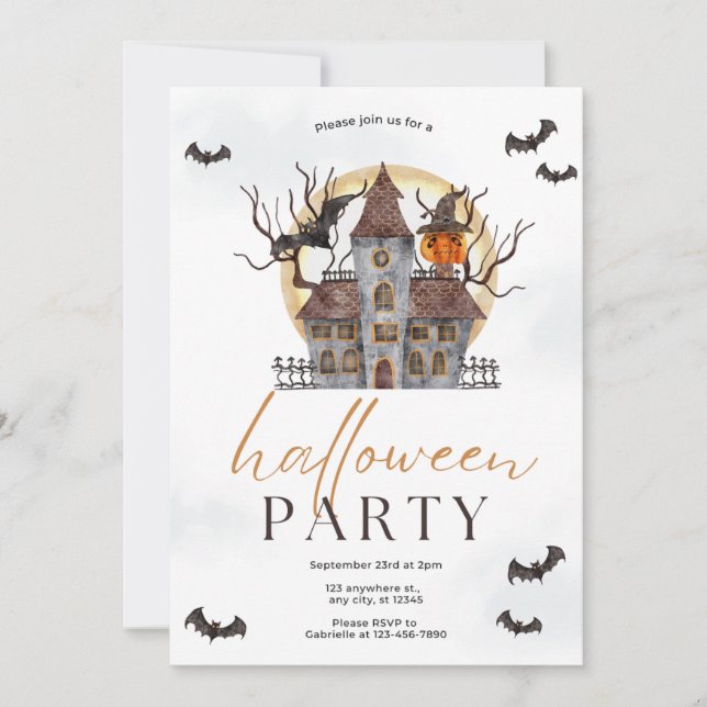 Cute Spooky Watercolor Calligraphy Halloween Party Invitation (Front)