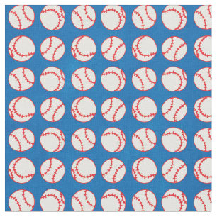 Cute Sports White and Red Baseballs on Blue Fabric