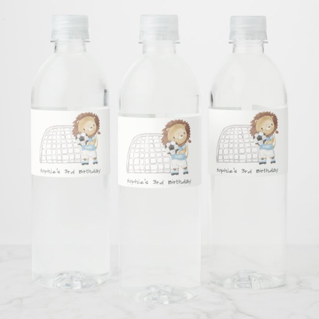 Cute Sporty Football Player Lion Kids Birthday Water Bottle Label (Bottles)