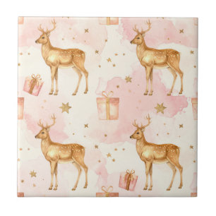 Cute Spotted Deer and Pink Holiday Presents Tile