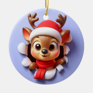Cute Spotted Santa's Reindeer Bursting Through Ceramic Ornament