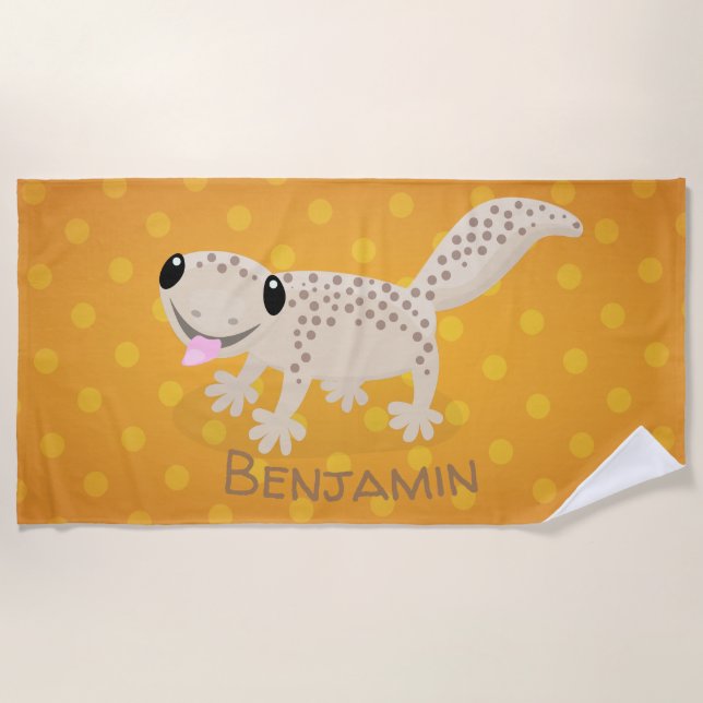 Cute spotted tan gecko cartoon illustration beach towel (Front)