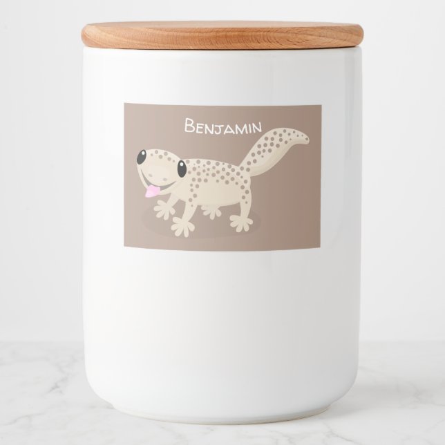 Cute spotted tan gecko cartoon illustration food label (Front)