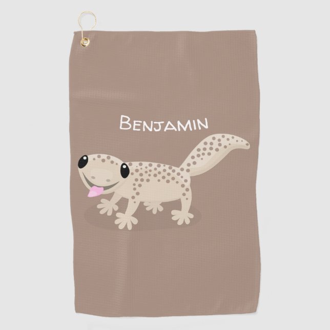Cute spotted tan gecko cartoon illustration  golf towel (Front)