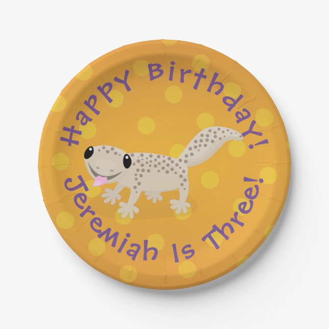 Cute spotted tan gecko cartoon illustration paper plate (Front)