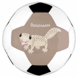 Cute spotted tan gecko cartoon illustration soccer ball