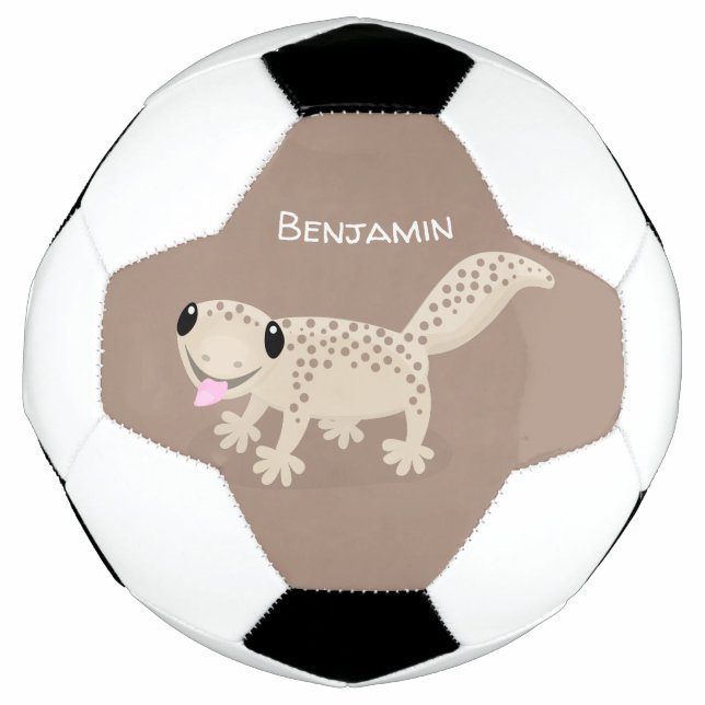 Cute spotted tan gecko cartoon illustration soccer ball (Front)