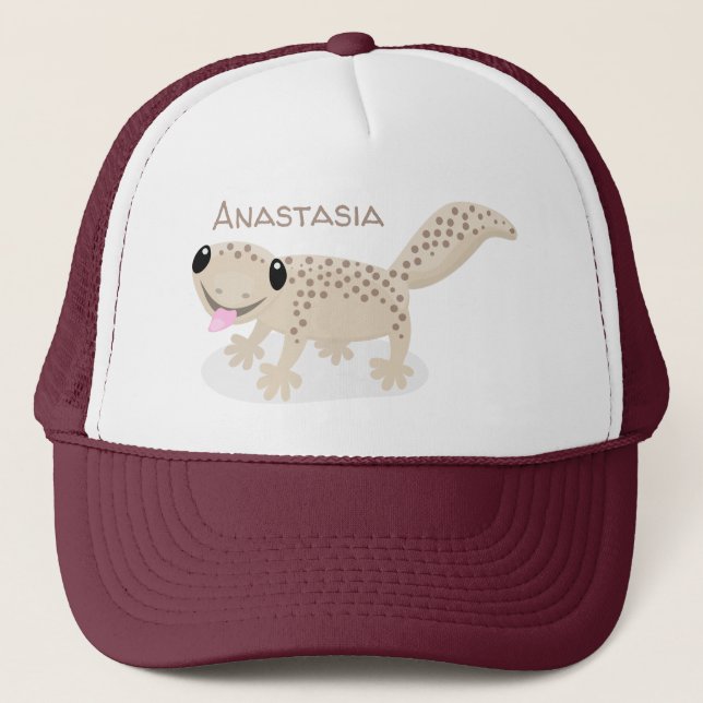 Cute spotted tan gecko cartoon illustration trucker hat (Front)