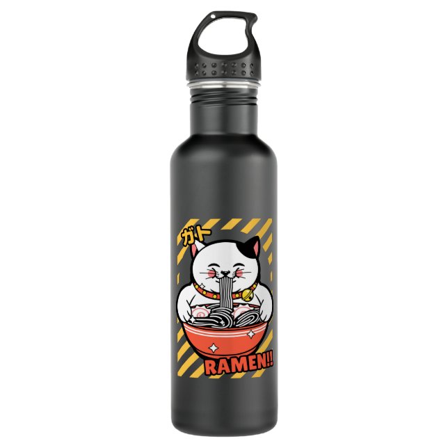 Cute Spread Love Lucky Cat from Japan Eating Ramen 710 Ml Water Bottle (Front)