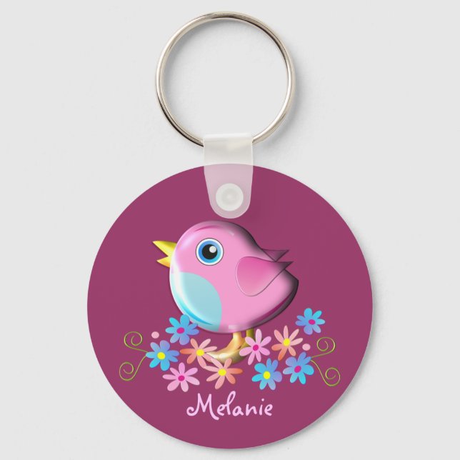 Cute Spring Baby Bird with Name keychain (Front)