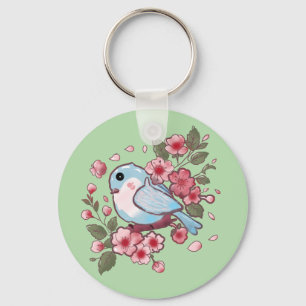 Cute Spring Bluebird & Cherry Blossom Watercolor A Keychain