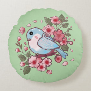 Cute Spring Bluebird & Cherry Blossom Watercolor A Round Pillow