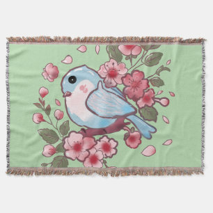 Cute Spring Bluebird & Cherry Blossom Watercolor A Throw Blanket