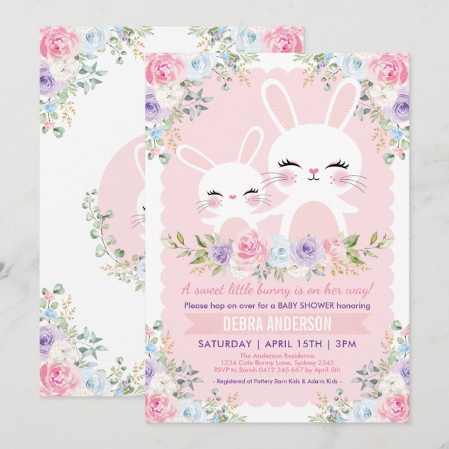 Cute Spring Bunny Baby Shower Watercolor Floral Invitation (Front/Back)