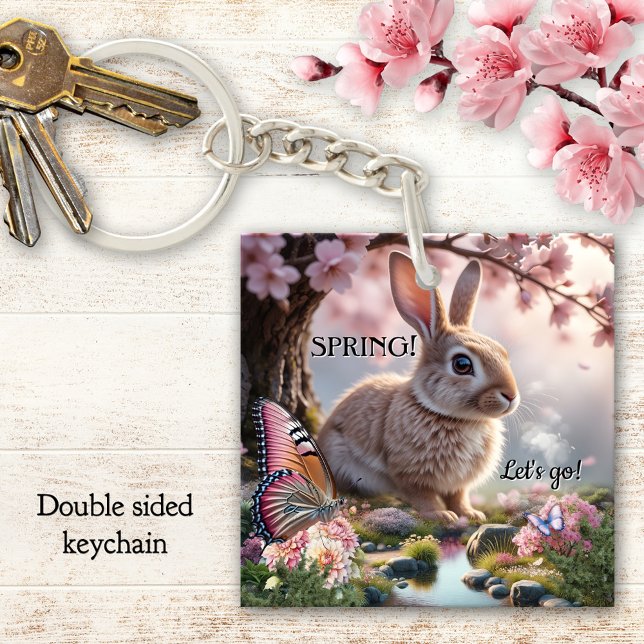Cute Spring Bunny Butterfly Nature Keychain (Butterfly and bunny spring keychain celebrating nature with cherry blossoms)