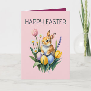 Cute Spring Bunny Floral Easter Greeting Card