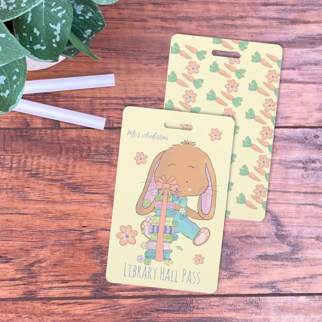 Cute Spring Bunny Library Hall Pass Badge (Cute spring library hall pass badge for elementary school teachers . )