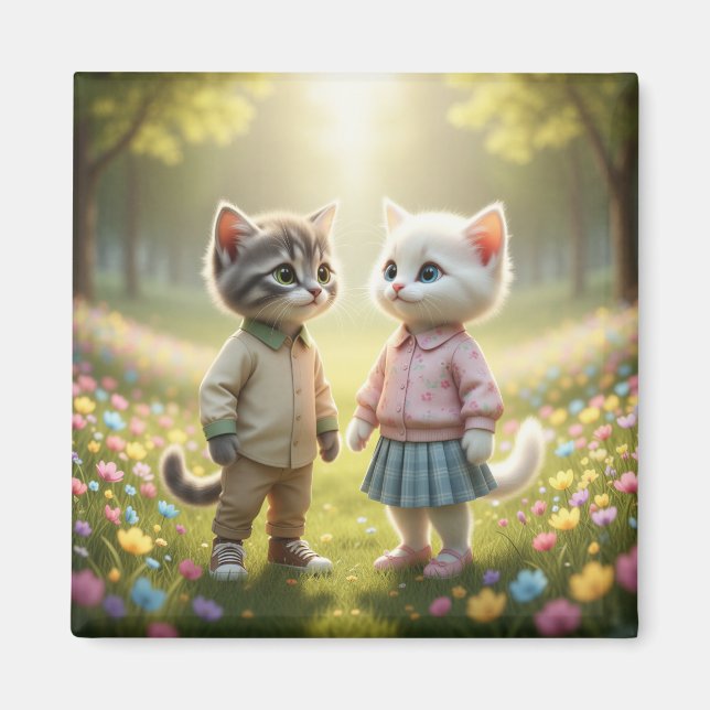 Cute Spring Cat Magnet | Tom & Luna Flower Meadow  (Devant)