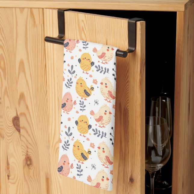 Cute Spring Chicks and Floral Pattern Kitchen Towel (Thirds Fold)