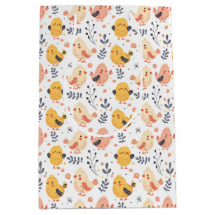 Cute Spring Chicks and Floral Pattern Medium Gift Bag