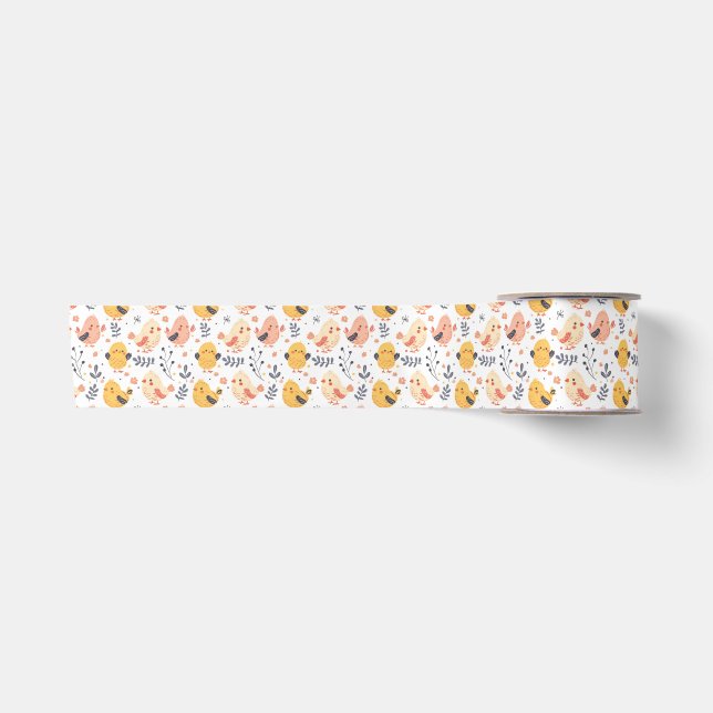 Cute Spring Chicks and Floral Pattern Satin Ribbon (Front)