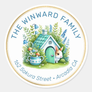 Cute Spring Cottage & Rabbit Address Classic Round Sticker