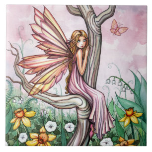 Cute Spring Daffodil Fairy Fantasy Art Tile
