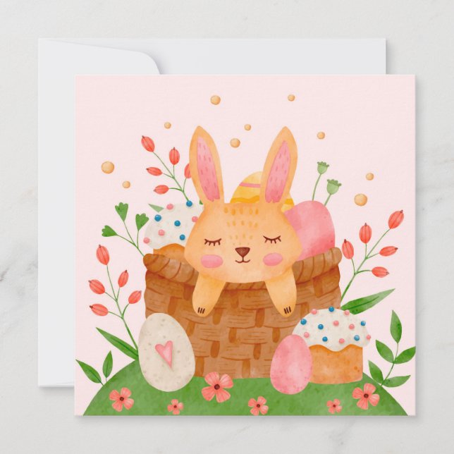 Cute Spring Easter Bunny and Basket Card (Front)