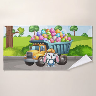 Cute spring/Easter bunny dump truck Bath Towel