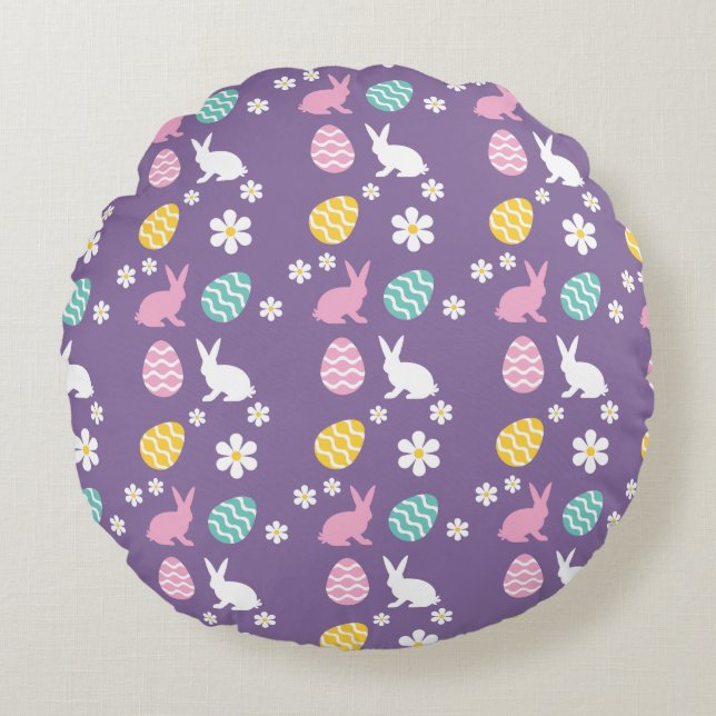 Cute Spring Easter Bunny Floral Pattern Egg Hunt  Round Pillow (Front)