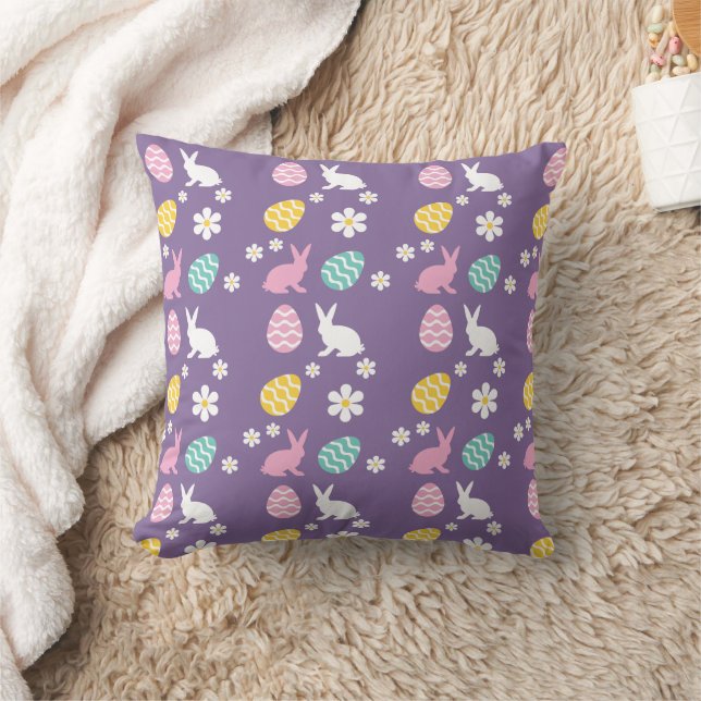 Cute Spring Easter Bunny Floral Pattern Egg Hunt  Throw Pillow (Blanket)