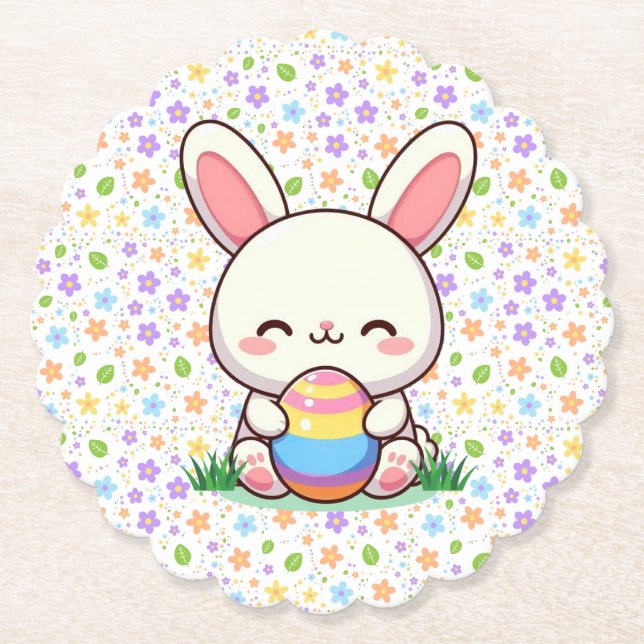 Cute spring/Easter bunny with egg Paper Coaster (Front)