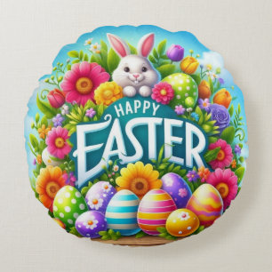 Cute spring/Easter bunny with egg Round Pillow