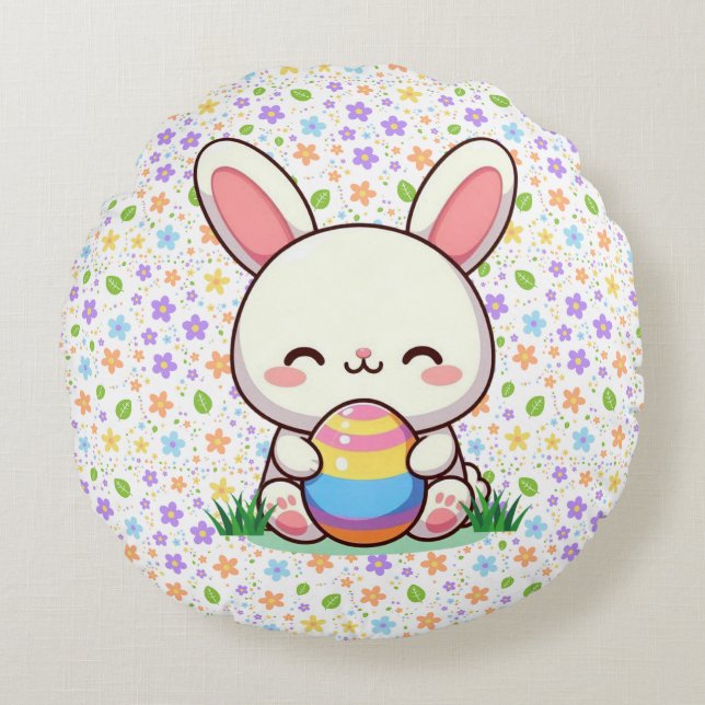Cute spring/Easter bunny with egg Round Pillow (Front)