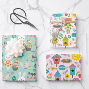 Cute Spring / Easter Cartoons Patterns Wrapping Paper Sheet