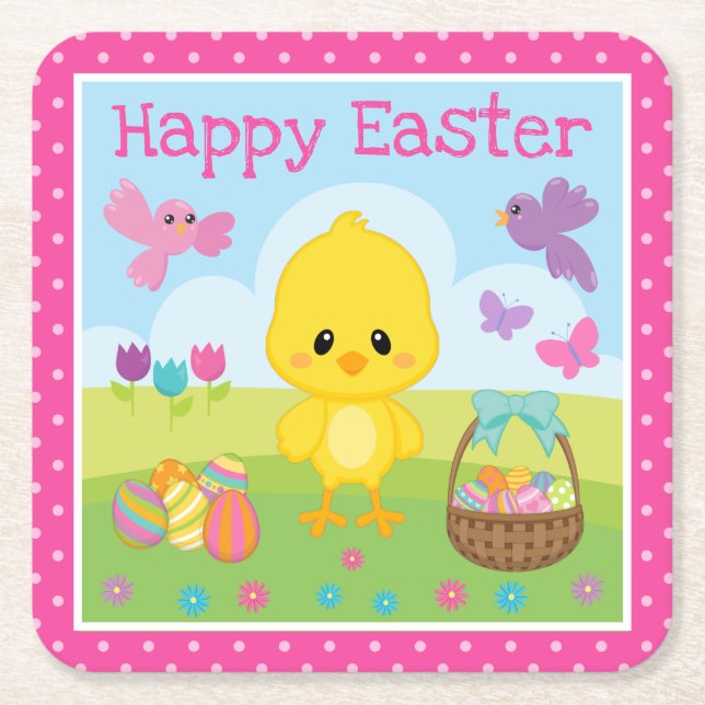 Cute Spring Easter Chick & Chocolate Eggs Easter Square Paper Coaster (Front)