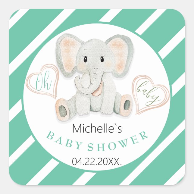 Cute Spring Elephant Watercolor Illustration Square Sticker (Front)