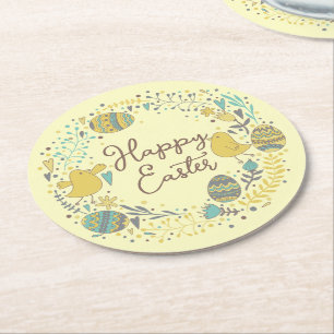 Cute Spring Floral Chicks Happy Easter Round Paper Coaster
