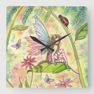 Cute Spring Flower Fairy and Ladybug Square Wall Clock