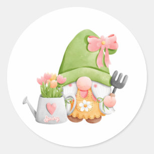 Cute Spring Garden Gnome and Tulip Flowers Classic Round Sticker