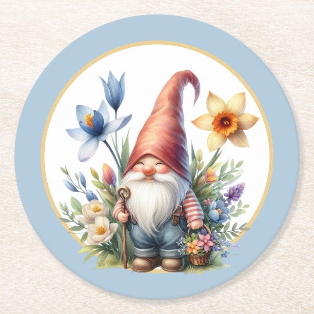 Cute Spring garden party gnome  Round Paper Coaster (Front)