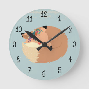 Cute Spring Leaves and Fox Woodland Round Clock