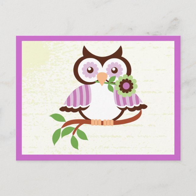 Cute spring owl holding a flower in her beak postcard (Front)