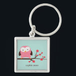 Cute Spring Owl Keychain<br><div class="desc">Cute illustration of an owl perched on a cherry tree. Customize with your name,  monogram,  initials,  dates,  etc</div>