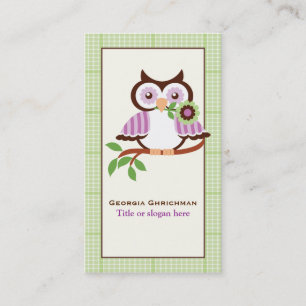 Cute spring owl on a branch, green plaid border business card