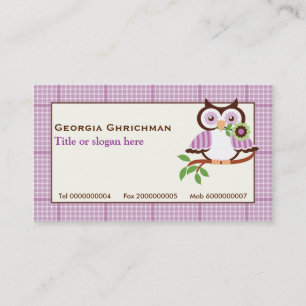 Cute spring owl on a branch, purple plaid border business card