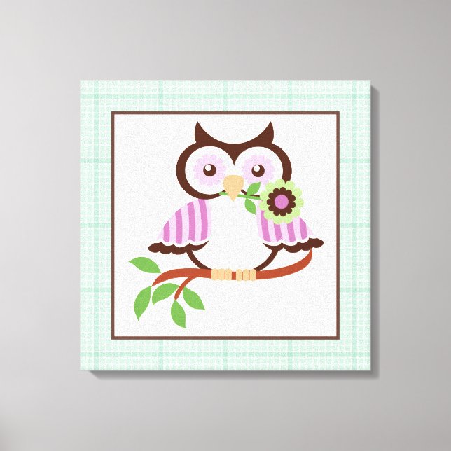Cute spring owl on a branch wrapped canvas print (Front)